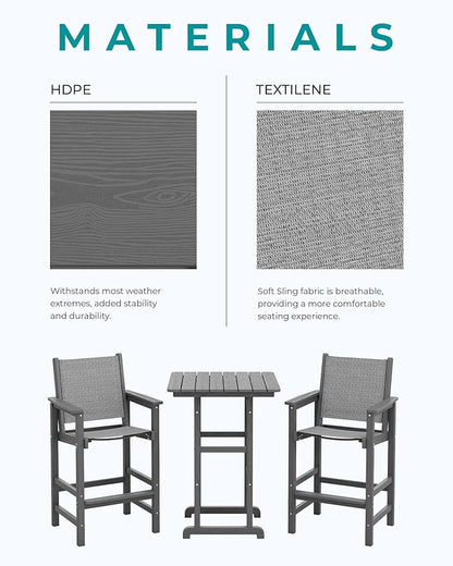 SERWALL 3 Pieces Textilene Adirondack Bar Set, Tall Adirondack Bar Height Chairs with Bar Table, Sling Balcony Adirondack Chairs, Weather Resistance Resin Outdoor Bar Height Stools, Gray