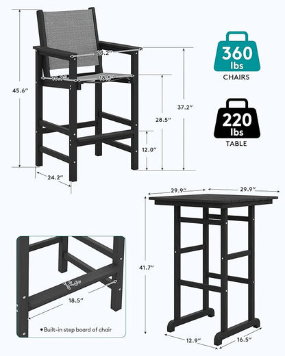 SERWALL Textilene Adirondack Bar Chairs Set of 2, Tall Adirondack Bar Height Chairs, Sling Balcony Adirondack Chairs, Weather Resistance Resin Outdoor Bar Height Stools, Black