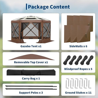 11.5x11.5FT 6-Sided Pop Up Gazebo Tent，One-Push Setup Canopy Tent with Mesh Panels & Removable Wind Cloths, Outdoor shelter for Camping, Backyard Parties, Outdoor Events - Beige & Khaki