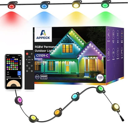 APPECK Permanent Outdoor Lights 100ft with 72 LEDs, DIY Scene Modes, Smart RGBW String Lights Waterproof, App/Remote Control for Christmas, Holiday, Alexa/Google Assistant Compatible, Black