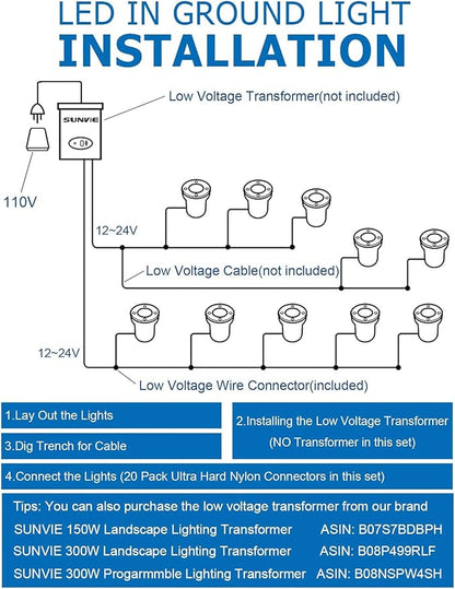 SUNVIE Low Voltage Landscape Well Lights with Wire Connectors, 12W LED, IP67 Waterproof Outdoor In-Ground Garden Lights 12V-24V Warm White for Pathway Driveway Deck (10 Pack & Connectors)