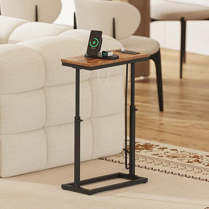 TUTOTAK End Table with Charging Station, Side Table, Tall Couch Table, Sofa Table, Living Room, Bedroom,Brown TB01BB084