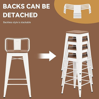 Yongchuang 24 inch Barstools Set of 2 Counter Height Bar Stools Farmhouse Kitchen Metal Bar Chairs with Wood Seat Low Back Cream White