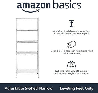 Amazon Basics 5-Shelf Adjustable Storage Shelving Unit for Garage, Steel Wire Rack, 200 Pound Loading Capacity per Shelf, 23.2" x 13.4" x 60", Chrome Finish