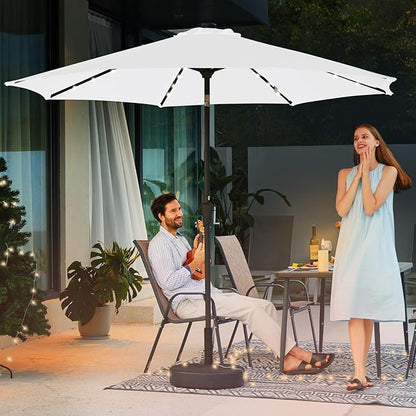 JEAREY 9FT Outdoor Patio Umbrella with Solar Lights, LED Lighted Pool Umbrella with Tilt and Crank, Outdoor Table Umbrellas for Deck, Yard & Market (Cream White)