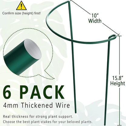 6 Pack Plant Support Stakes, 15.8" Half Round Metal Garden Plant Supports for Indoor Plants, Green Plant Cage Ring for Monstera, Peony, Hydrangea, Potted Plant Holder Sticks (10" Wide)