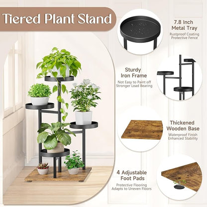 iDavosic.ly 4 Tier Plant Stand Indoor, Tiered Corner Flower Holder Shelf Outdoor, Metal Tall Orchid Display Rack for Patio Porch Garden Balcony Office Living Room, Modern Black & Rustic Brown