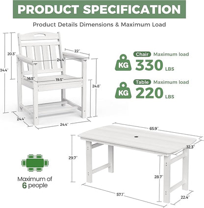 HDPE Outdoor Patio Dining Set with Table & 4 Chairs, All-Weather 5-Piece Outdoor Table and Chairs, 2" Umbrella Hole, Patio Furniture for Garden, Backyard, Deck | White