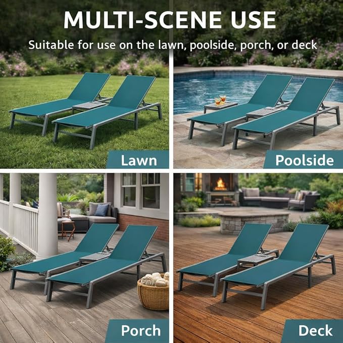 Kozyard 3-Pieces Patio Lounge Set, 2 Foldable Adjustable Lounge Chairs and Side Table, Aluminum Frame, Breathable Textilene Fabric, Assemble-Free, Reclining to Flat for Pool, Beach (MintGreen)