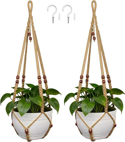 35 Inch Macrame Plant Hanger, Large for up to 15 Inch Pot Extra Long Hanging Planter Holder Basket with Wood Beads for Indoor Outdoor Home Decor (Brown, 2-Pack)