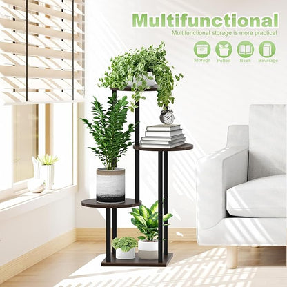 Plant Stand Indoor, 4 Tier Thickened Metal Corner Plant Shelf for Multiple Plants, Indoor Plants Tiered Flower Pot Stand for Patio Garden Balcony Living Room Bedroom(Black Oak)