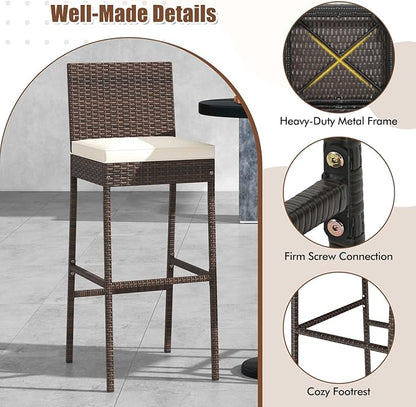 HAPPYGRILL Wicker Patio Barstools Set of 2, Outdoor Rattan Bar Chairs with Footrest & Backrest, Armless High Top Chairs with Seat Cushions for Backyard, Balcony