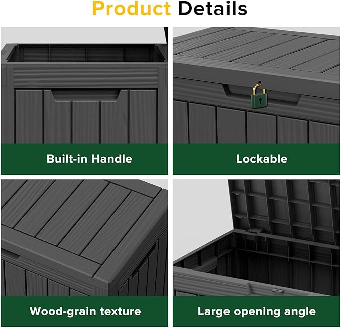 Outdoor Storage Box, 45 Gallon Resin Patio Deck Box with Lock, Black