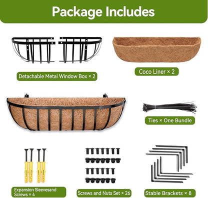 Halatool 2 Pack Heavy-Duty Metal Deck Railing Planter Box, 24 Inch Rust-Resistant Window Boxes Planters with Coco Liner & Adjustable Brackets, Grow More On Your Balcony, Patio & Fence