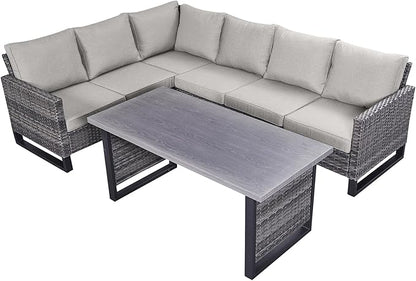 Belord Outdoor Sectional Sofa 6 Seater L Shaped Couch Wicker Patio Conversation Furniture Set with Tree-Grain Finish Metal Dining Table, Rattan Outdoor Furniture with Removable Washable Cushion Beige