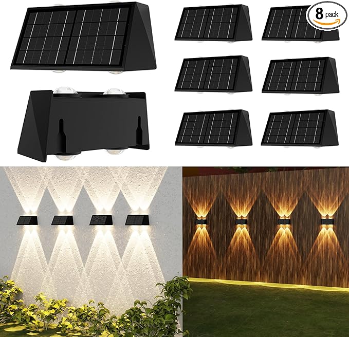 8-Pack Solar Fence Lights, Up & Down Lighting, 50LM/25LM 4 Modes (3000K/6500K), IP65 Waterproof, 1200mAh Battery, Screw/Adhesive Mount for Garden Wall Path Deck