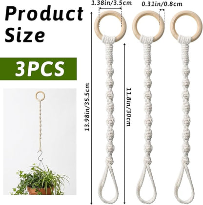 3 Pcs Adjustable Macrame Plant Hanger Extenders with Wooden Ring Handmade Woven Hanging Basket Extension Connectable Rope Hanging Plant Extender for Outdoor Indoor Plants Pot Holder Home Decor