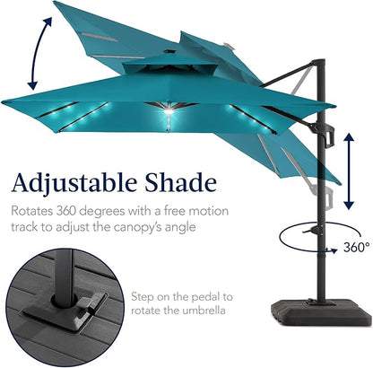 Best Choice Products 12x12ft LED Cantilever Patio Umbrella w/Base Included & 360° Rotation, Large Solar Offset Hanging Outdoor Sun Shade for Deck, Backyard Table w/Stand & Lights – Cerulean