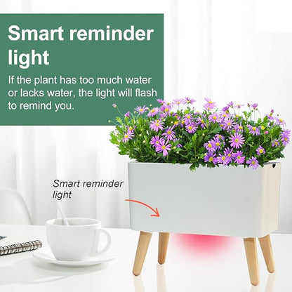 13.5 Inch Indoor Decorative Planter Pot with Solid Wood Legs, Self Watering Pots with Water Shortage Alarm Plant Pot for Modern Flower Planter for Home & Garden(White)