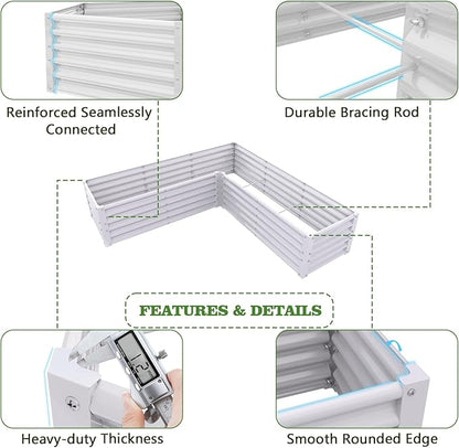 A ANLEOLIFE Set of 8, 18 Inch Tall Antique White Raised Garden Beds Kit, L-Shaped & Square Metal Planters – Ideal for Structured Backyard Layouts
