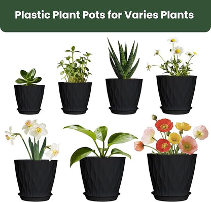7/6.5/6/5.5/5/4.5/4 inch Plastic Plant Pots, 7 Pack Flower Planter for Indoor Outdoor Plant, Planters with Drainage Holes and Trays (Black)