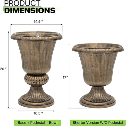 Magshion 20" Urn Planters for Outdoor Plants, Large Decorative Front Porch Planters Set of 2, Weatherproof Tall Plastic Flower Pots for Garden, Patio & Entryway Décor, Antique Brass
