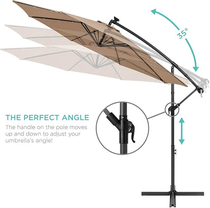 Best Choice Products 10ft Solar LED Offset Cantilever Hanging Market Patio Umbrella, 8 Sturdy Ribs, Easy Adjustment - Tan