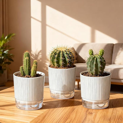 3 Pack Self Watering Pots Set, 4 Inch Self Watering Pots for Indoor Plants, Planter Pot with Wick Rope and Reservoir for African Violet, Spider Plant, Orchid