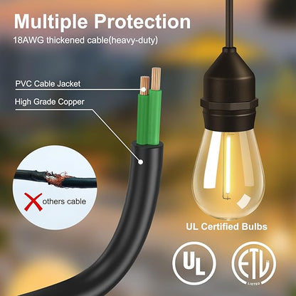 String Lights 100FT Outdoor LED with 64+4 Warm Yellow Bulbs