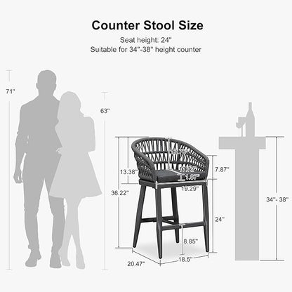 PURPLE LEAF Outdoor Rattan 24" Counter Height Bar Stools Chair Set of 2, Modern Upholstered Patio Bar Stool with Backrest for Indoor and Outdoor, Kitchen Island, Grey
