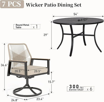 Patio Dining Set 7 Piece, 6 x Woven Rattan Swivel Chairs with Waterproof Cushion, 54” Metal Round Dining Table with Umbrella Hole, Outdoor Table and Chairs Set for Backyard Lawn and Deck,Beige