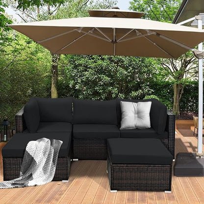 Tangkula 5 Piece Patio Rattan Furniture Set, Outdoor Sectional Rattan Sofa Set with Back & Seat Cushions, Wicker Conversation Set with Tempered Glass Table for Backyard Porch Poolside (Black)