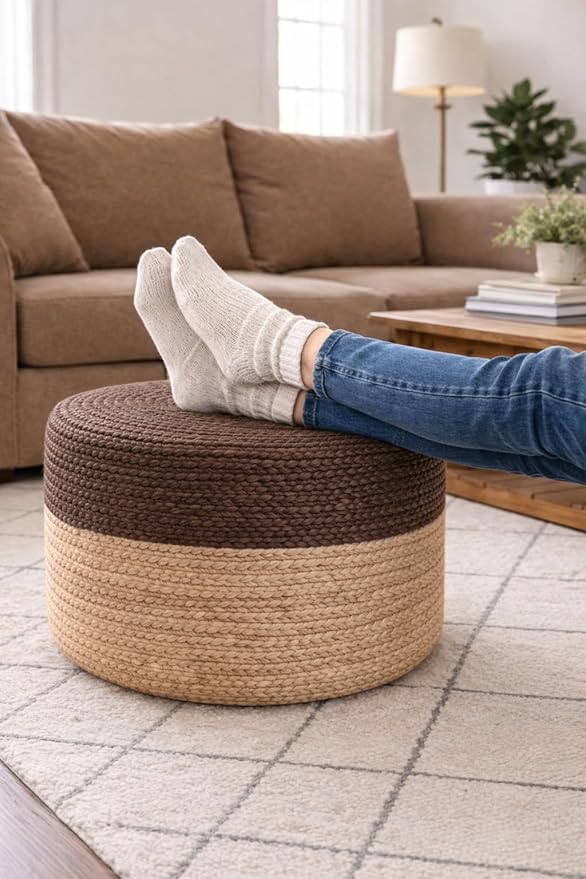 S & L Homes Pouf Ottoman - 100% Jute Braided Footrest Pouf Hand Knitted Traditional Cord Boho Pouffe for Living Room, Bedroom, Nursery, Patio, Lounge Colorblock - Natural Brown (18”x18”x12”)