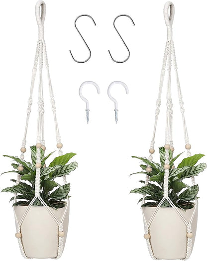 Macrame Plant Hanger Indoor Hanging with Wood Beads Macrame Planters No Tassel for Indoor Outdoor Boho Home Decor 35 Inch (Ivory,2pcs)