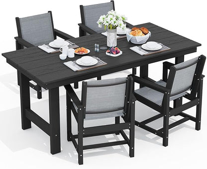 SERWALL 5 Piece Patio Dining Sets, Outdoor HDPE Dining Furniture Set with Umbrella Hole Cut-Out Table and 4 Woven Chairs, Gray