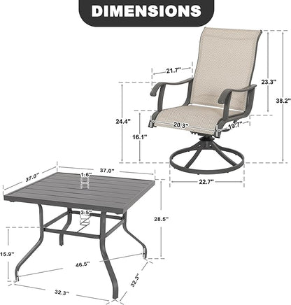 NUU GARDEN 5-Piece Outdoor Patio Dining Set, Slatted 37’’ Square Table with Umbrella Hole and 4 Patio Swivel Textilene Chairs, All Weather Patio Furniture Set for Porch, Backyard, Garden, Poolside