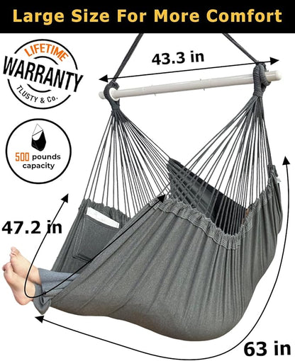 XXL Hammock Chair Hanging Rope Swing with 2 Cushions - Max 500lbs-Perfect for Patio, Porch, Bedroom, Backyard, Indoor or Outdoor - Includes Hanging Hardware Kits