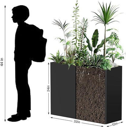 Heavy-Duty Galvanized Steel Planter with Removable Insert Shelf & 4 Drainage Holes - 32x12x24 Inches Large Size Planters for Outdoor/Indoor Patio, Black
