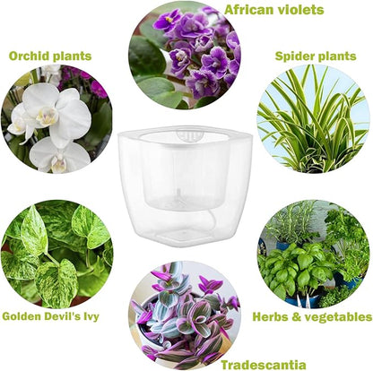 3-Pack Clear Self Watering Planters for Indoor Plants 7" Large African Violet Plant Pots Plastic Wick Flower Pots with Water Injection Hole, Orchid Plant Pot Set, Clear