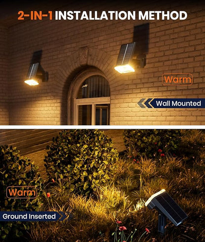 2-Pack Solar Lights Outdoor Waterproof IP67, 3 Color Modes (Warm/Cool White & Hybrid) with 3 Lighting Modes, 105° Adjustable Dusk to Dawn Solar Spotlights for Pathway/Garden/Yard Wall/Ground Lighting