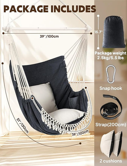 Chihee Hammock Chair Hanging Swing Max 500 Lbs 2 Cushions Included Steel Spreader Bar with Anti-Slip Grooves Portable Hanging Chair Side Pocket Large Macrame Bohemian Chair Indoor Outdoor