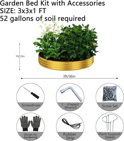 Galvanized Metal Planter Round Raised Garden Bed Kit for Gardening Outdoor Galvanized Planter Outdoor 2PC Gold 3X3X1FT