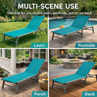 Kozyard Outdoor Foldable Lounge Chair, Aluminum Frame Patio Lounger with 5-Position Adjustable Backrest, Breathable Textilene Fabric, Assemble-Free, Reclining Full-Flat Poolside(Aqua)