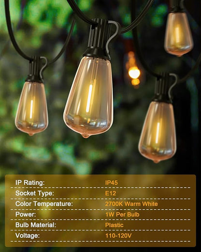 Outdoor String Lights Waterproof, 50FT Patio Lights with 26 ST38 Edison Bulbs (1 Sqare), Outside Hanging Decorative Lights for Porch, Blacony, Blackyard, Bistro, Garden, 2700K