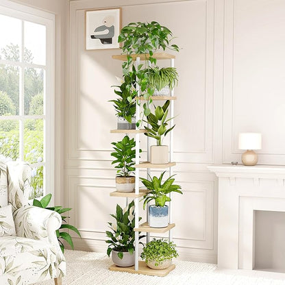 Bamworld Tall Plant Stand Indoor, 7 Tier Plant Shelf for Multiple Plants, Tiered Flower Pot Stands for Patio Garden Balcony Living Room Bedroom, White