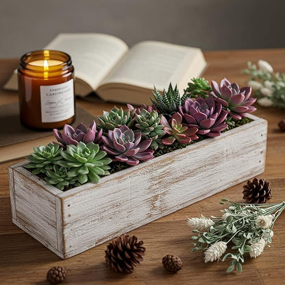 Dandat 1 Set Wood Boxes for Centerpieces 12x4 Inch Rectangle Wooden Planter Box Rustic Wooden Planters with Removable Plastic Liner Floral Foam Blocks for Christmas Wedding Home Garden Decor(White)