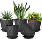 7 inch Plant Pots for Indoor Outdoor Plants, 5 Pack Thick Flower Pots with Drainage Holes and Saucers, 3D Modern Wave Texture Plastic Planter Pots for House Plants, Black