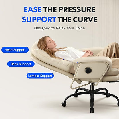 FLEXISPOT Luno 2-in-1 Chaise Lounge Chair Indoor with Wheels Footrest 90-165° Reclining Lumbar Support, Home Office Chairs for Living Room Bedroom Study Working Relaxing, Leather, Beige White