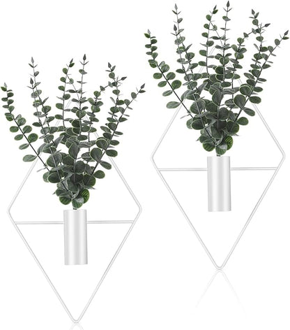 Jexine 8 Pcs Hanging Planters with Artificial Eucalyptus Metal Hanging Vase Indoor Plants Holder Modern Geometric Boho Bathroom Wall Decor for Living Room Home Office (Eucalyptus,White)