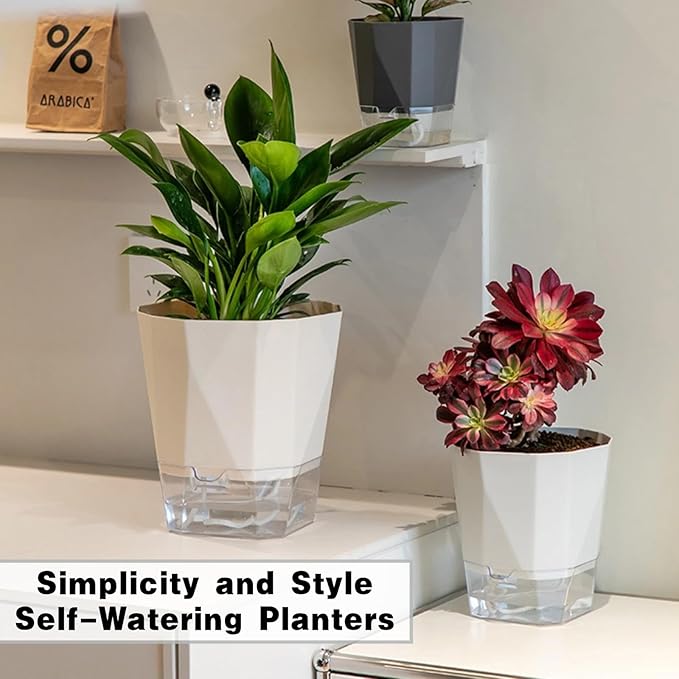 3 Packs Self Watering Plant Pots, Plastic Flower Pots with Drainage Hole and Saucer, Self Watering Planters for Indoor Outdoor Garden Plants, African Violet, Herbs (White, 6.7")